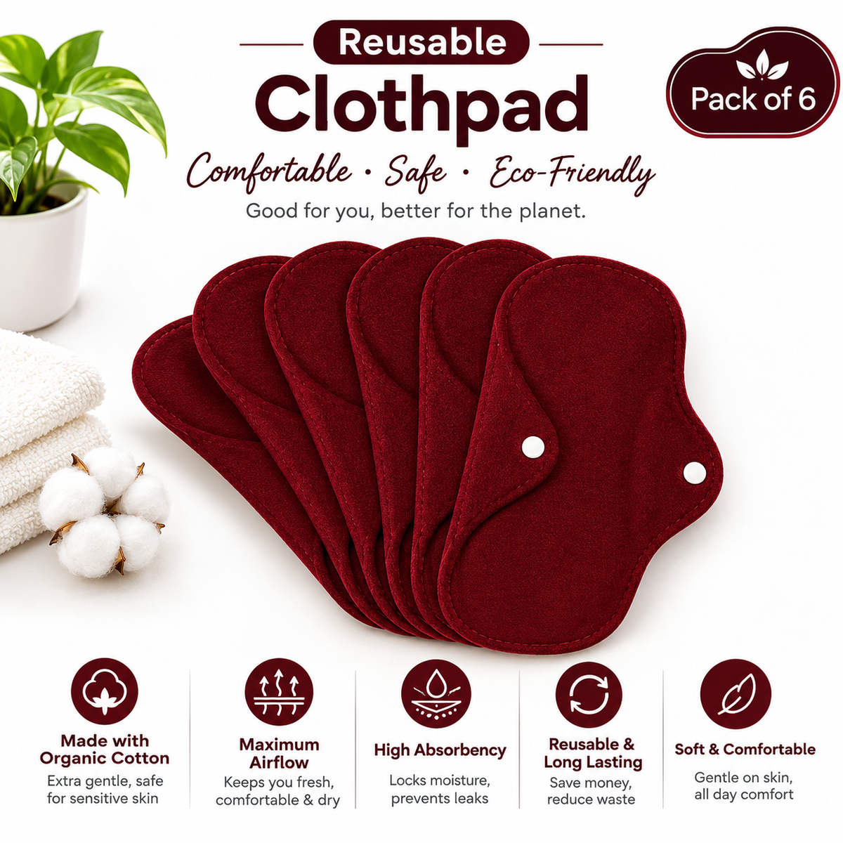 Reusable Bamboo Incontinence & Period Pads for Heavy Flow, Leakproof Overnight Pad with Wings, (Set of 6 Bamboo Pads)